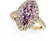 Halo Engagement Ring Setting for Fancy Pink Marquise Center with Narrowing Pave Band and Prong Head in Yellow Gold