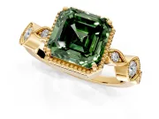Vintage Station Engagement Ring Setting for Fancy Green Asscher Cut Center with Accents and Prong Head in Yellow Gold