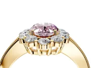 Halo Engagement Ring Setting for Fancy Pink Oval Center with Milgrain Channel Band and Prong Head in Yellow Gold
