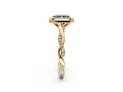 Halo Engagement Ring Setting for Fancy Green Radiant Cut Center with Pave and Plain Twist Band and Prong Head in Yellow Gold