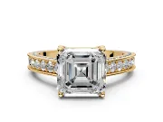 Solitaire Engagement Ring Setting for Asscher Cut Center with Milgrain-Framed Pave Band and Prong Head in Yellow Gold