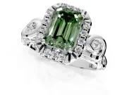 Halo Engagement Ring Setting for Fancy Green Emerald Cut Center with Open Scroll Shoulders and Prong Head in Platinum