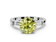 3 Stone Engagement Ring Setting for Fancy Yellow Round Cut Center with Channel Baguette Accents and Prong Head in Sterling Silver