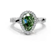 Halo Engagement Ring Setting for Fancy Green Pear-Shaped Center with Pave and Plain Twist Band and Prong Head in White Gold