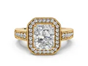 Milgrain Halo Engagement Ring Setting for Radiant Cut Center with Pave Band and Prong Head in Yellow Gold