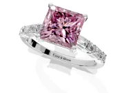 Baguette Engagement Ring Setting for Fancy Pink Princess Cut Center with Alternating Bar-Set Band and Prong Head in White Gold