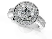 Milgrain Halo Engagement Ring Setting for Round Cut Center with Pave Band and Prong Head in Platinum