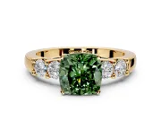 5 Stone Engagement Ring Setting for Fancy Green Cushion Cut Center with Plain Band and Prong Head in Yellow Gold