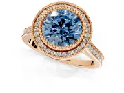 Halo Engagement Ring Setting for Fancy Blue Round Cut Center with Milgrain Frame, Pave Band and Prong Head in Rose Gold