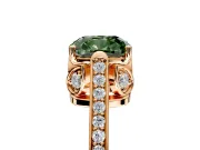 Cathedral Engagement Ring Setting for Fancy Green Cushion Cut Center with Antique-Style Pave Band and Prong Head in Rose Gold