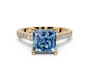 Solitaire Engagement Ring Setting for Fancy Blue Princess Cut Center with Widening Pave Band and Claw Prong Head in Yellow Gold