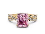 Solitaire Engagement Ring Setting for Fancy Pink Radiant Cut Center with Narrow Twist Pave Band and Prong Head in Yellow Gold