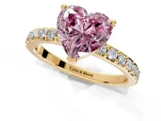 Solitaire Engagement Ring Setting for Fancy Pink Heart-Shaped Center with Round Cut Pave Band and Prong Head in Yellow Gold