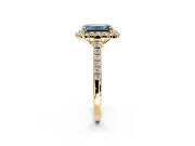 Halo Engagement Ring Setting for Fancy Blue Emerald Cut Center with Raised Halo, Pave Band and Prong Head in Yellow Gold