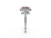 Halo Engagement Ring Setting for Fancy Pink Radiant Cut Center with Metal-Rimmed Halo, Pave Band and Prong Head in Platinum