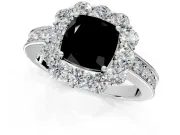 Halo Engagement Ring Setting for Fancy Black Cushion Cut Center with Milgrain Channel Band and Prong Head in Sterling Silver