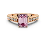 Solitaire Engagement Ring Setting for Fancy Pink Emerald Cut Center with Engraved Pave Band and Prong Head in Rose Gold