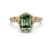 Halo Engagement Ring Setting for Fancy Green Emerald Cut Center with Openwork Halo, Pave Band and Prong Head in Yellow Gold