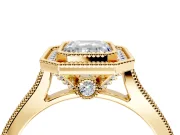 Halo Engagement Ring Setting for Emerald Cut Center with Milgrain Pave Band and Bezel Head in Yellow Gold