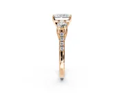 3 Stone Engagement Ring Setting for Radiant Cut Center with Crossover Basket, Pave Band and Prong Head in Rose Gold