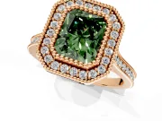 Halo Engagement Ring Setting for Fancy Green Radiant Cut Center with Milgrain Frame, Pave Band and Prong Head in Rose Gold