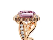 Halo Engagement Ring Setting for Fancy Pink Asscher Cut Center with Leaf Motif Split Shank and Prong Head in Rose Gold