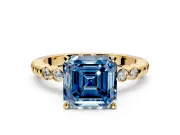 Solitaire Engagement Ring Setting for Fancy Blue Asscher Cut Center with Bezel-Dot Beaded Band and Prong Head in Yellow Gold