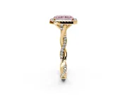 Halo Engagement Ring Setting for Fancy Pink Radiant Cut Center with Twist Band and Prong Head in Yellow Gold