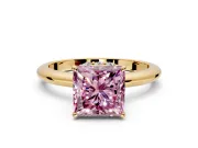 Hidden Halo Engagement Ring Setting for Fancy Pink Princess Cut Center with Plain Rounded Band and Prong Head in Yellow Gold