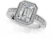 Milgrain Halo Engagement Ring Setting for Emerald Cut Center with Wide Pave Band and Prong Head in Platinum