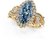 Milgrain Halo Engagement Ring Setting for Fancy Blue Marquise Center with Shoulder Bezels and Prong Head in Yellow Gold