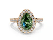 Halo Engagement Ring Setting for Fancy Green Pear-Shaped Center with Narrowing Pave Band and Prong Head in Rose Gold