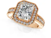 Milgrain Halo Engagement Ring Setting for Radiant Cut Center with Pave Band and Prong Head in Rose Gold