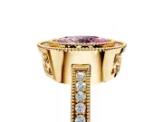 Halo Engagement Ring Setting for Fancy Pink Oval Center with Milgrain Halo, Pave Band and Prong Head in Yellow Gold