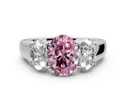 3 Stone Engagement Ring Setting for Fancy Pink Oval Center with Raised Basket Heads and Prong Head in Platinum
