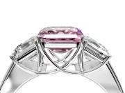 3 Stone Engagement Ring Setting for Fancy Pink Asscher Cut Center with Raised Basket Heads and Prong Head in Platinum
