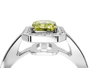 Bezel-Framed Halo Engagement Ring Setting for Fancy Yellow Emerald Cut Center with Pave Band and Prong Head in Platinum