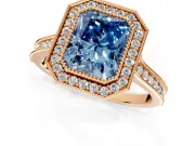 Halo Engagement Ring Setting for Fancy Blue Radiant Cut Center with Milgrain Pave Band and Bezel Head in Rose Gold