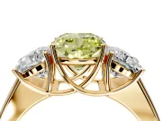 3 Stone Engagement Ring Setting for Fancy Yellow Cushion Cut Center with Raised Basket Heads and Prong Head in Yellow Gold