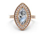 Halo Engagement Ring Setting for Marquise Center with Milgrain Frame, Pave Band and Prong Head in Rose Gold