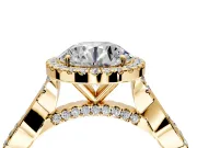Halo Engagement Ring Setting for Round Cut Center with Twist Band and Prong Head in Yellow Gold