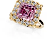 Single Halo Engagement Ring Setting for Fancy Pink Asscher Cut Center with Corner Claws, Plain Band and Prong Head in Yellow Gold