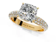 Solitaire Engagement Ring Setting for Cushion Cut Center with Domed Multi-Row Pave Band and Prong Head in Yellow Gold