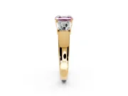 3 Stone Engagement Ring Setting for Fancy Pink Asscher Cut Center with Raised Basket Heads and Prong Head in Yellow Gold