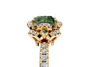 Halo Engagement Ring Setting for Fancy Green Cushion Cut Center with Openwork Halo, Pave Band and Prong Head in Yellow Gold