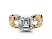 Solitaire Engagement Ring Setting for Asscher Cut Center with Criss-Cross Accent Band and Prong Head in Yellow Gold