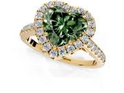 Halo Engagement Ring Setting for Fancy Green Heart-Shaped Center with Narrowing Pave Band and Prong Head in Yellow Gold