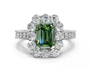 Halo Engagement Ring Setting for Fancy Green Emerald Cut Center with Milgrain Channel Band and Prong Head in White Gold