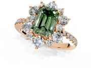 Floral Halo Engagement Ring Setting for Fancy Green Emerald Cut Center with Pave Accents and Prong Head in Rose Gold