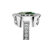 Halo Engagement Ring Setting for Fancy Green Oval Center with Milgrain Halo, Pave Band and Prong Head in White Gold